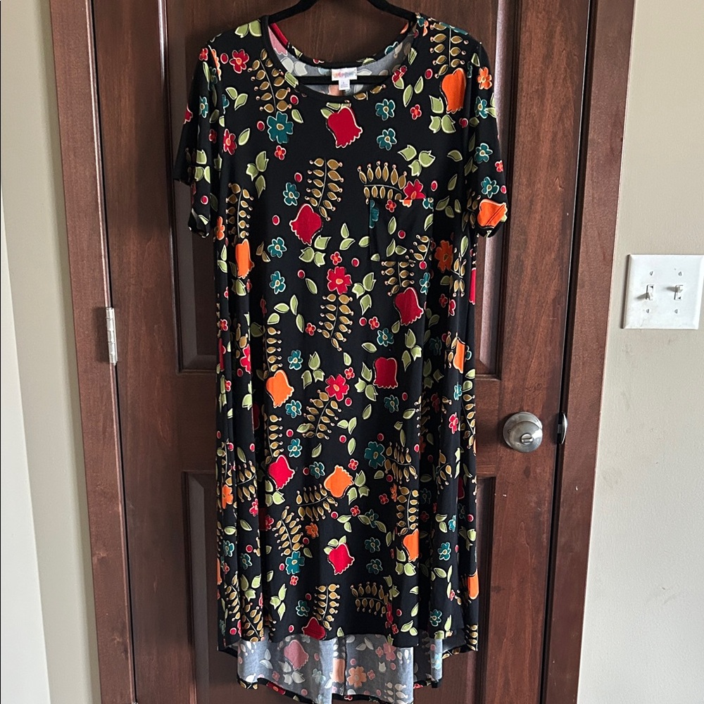 LuLaRoe Black Dress with Red and Green Floral Accents
